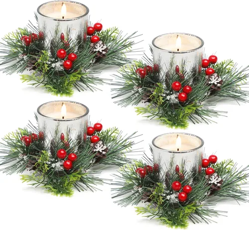 Vista 8 de Anillo de Vela de Navidad, 4 Piezas Velas Votivas con Bayas Rojas y Piña, Anillo de Vela de Navidad para Decoración de Centro de Mesa de Boda