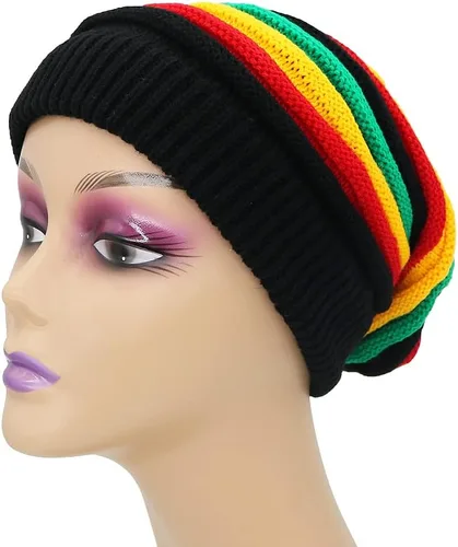 Vista 4 de Gorra unisex de Jamaica Reggae Rasta Slinky Beanie Multicolor a rayas Slouchy Baggie Beanie Skullies Gorro Rasta Hat, Negro