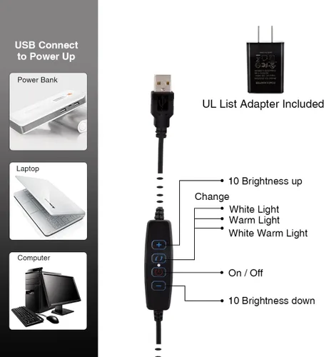 Vista 5 de Lámpara con abrazadera, luz de clip, lámparas de escritorio, 3 ajustes de temperatura de color, 10 niveles de brillo, cable USB de 6.6 ft