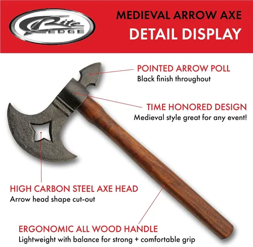 Vista 2 de Hacha medieval de réplica artesanal de acero al carbono con mango de madera de 13