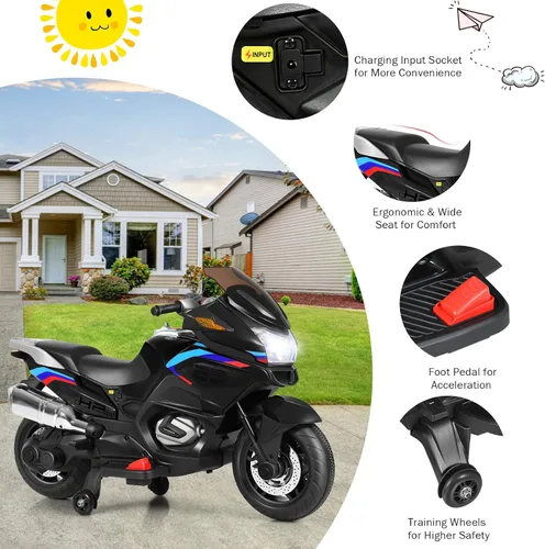 Vista 7 de HONEY JOY Motocicleta para niños de 12 V, vehículo eléctrico a batería para niños, ruedas de entrenamiento, luces LED, pedal de pie, suspensión