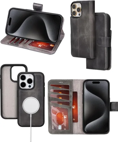 Vista 20 de Bayelon Funda tipo cartera para iPhone 15 Pro, cartera de cuero de grano completo, funda magnética desmontable, tarjetero, funda tipo cartera