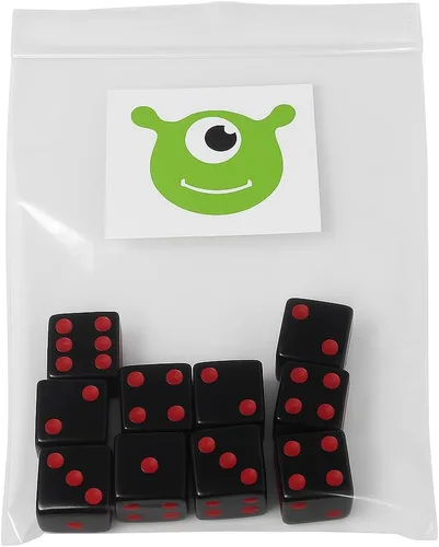 Vista 2 de 10 dados de juego de 0.630 in (negro con puntas rojas)