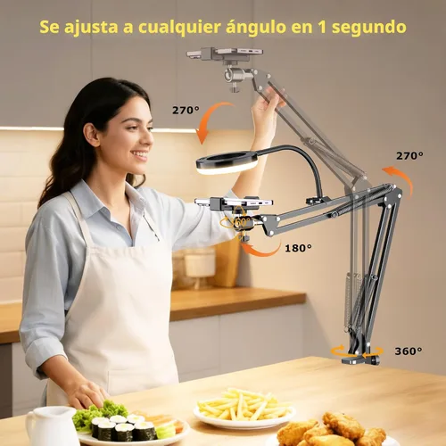 Vista 7 de Soporte de cámara superior con anillo de luz, brazo flexible articulado para teléfono compatible con iPhone, webcam Logitech, trípode de escritorio