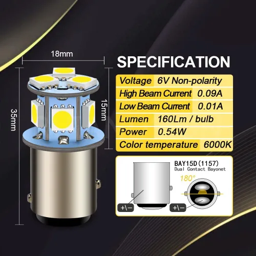 Vista 2 de 2 unids 6V 1157 Bombillas LED 5050 8SMD Chipsets 6000K Blanco para Backup Reverse Lights Luces traseras