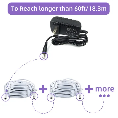 Vista 7 de Cable de extensión de alimentación de 60 pies, 0.217 in x 0.083 in, cable de enchufe macho a hembra de 12 voltios para cámaras de seguridad IP CCTV