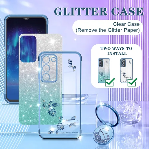 Vista 4 de Funda 3 en 1 para teléfono Samsung Galaxy A03S con purpurina brillante para mujeres y niñas, cubierta brillante con bonito diseño floral de flores