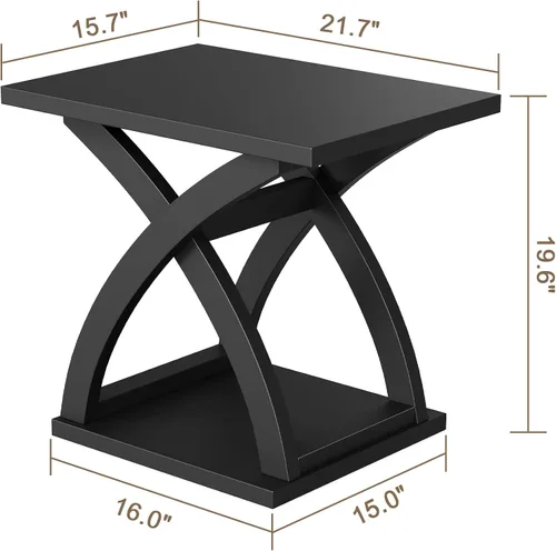 Vista 2 de ChooChoo - Mesa auxiliar lateral, mesa auxiliar moderna con estante de almacenamiento, mesa auxiliar de diseño en X para sala de estar (Negro)