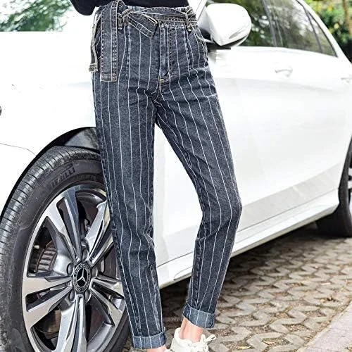 Vista 3 de Kabxryaclo - Pantalones vaqueros ajustados para mujer, con cinturón, rayas verticales, cintura baja, bolsillos vaqueros