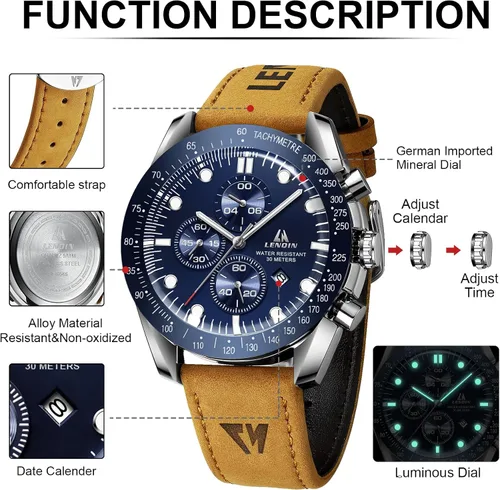 Vista 8 de LN LENQIN Relojes para hombre, reloj de cuero, analógico, de cuarzo, para hombre, luminoso, de lujo, moderno, elegante, para negocios o vestir