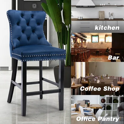 Vista 134 de SoarFlash Juego de 2 taburetes de bar tapizados de terciopelo moderno con patas de madera, botones acolchados, cabeza de clavo cromada, asiento