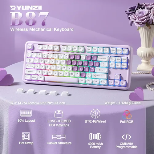 Vista 2 de YUNZII B87 Wireless Mechanical Keyboard,QMK/VIA Programmable,TKL Layout 87 Keys,BT/2.4G/USB-C,Hot Swap Gasket Mount RGB Backlit Gaming with Wrist