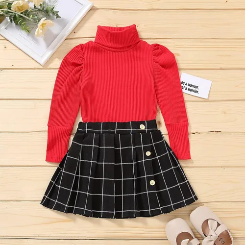 Vista 2 de 2 PCS Baby Girls Sweater Plaid Pleated Skirt Outfits Turtleneck Rib Knitwear Set Casual Clothes Set Toddler Kids
