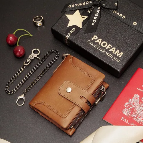 Vista 5 de Cartera con cadena, monedero de cuero genuino con bloqueo RFID, doble cremallera, bolsillo para monedas con cadena antirrobo, carteras de cadena a
