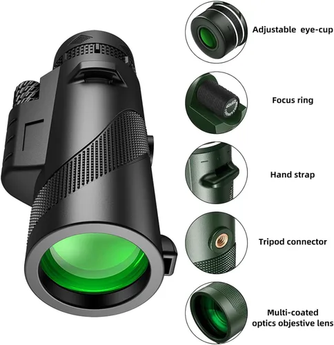 Vista 2 de 12 * 50HD monocular Telescope with Smartphone Adapter, Tripod, high Power monocular, Lightweight monocular Telescope for Bird Watching Trips Green