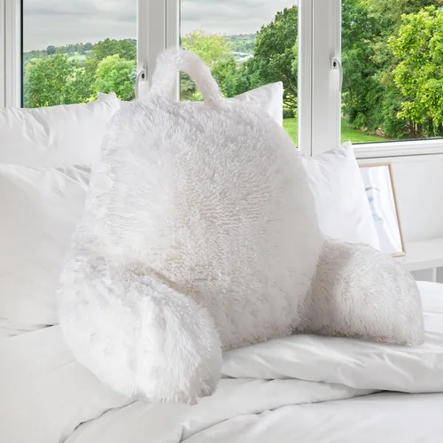 Vista 10 de Cheer Collection Silla de almohada de lectura esponjosa, almohada de pelo lanudo con brazos para cama y sofá, color negro
