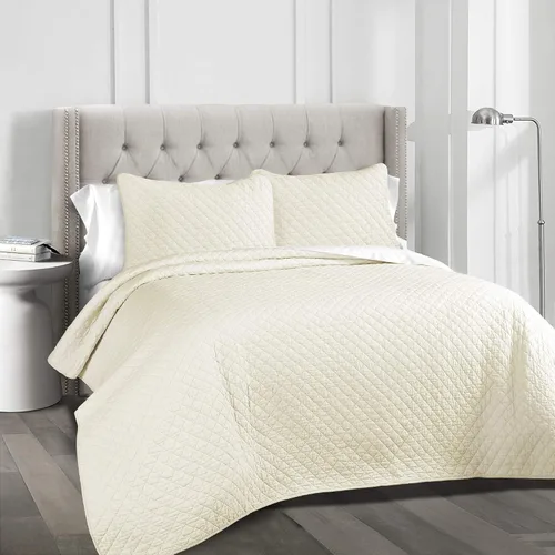 Vista 8 de Lush Decor Ava - Juego de colcha de 3 piezas con diseño de diamantes, tamaño King, color blanco