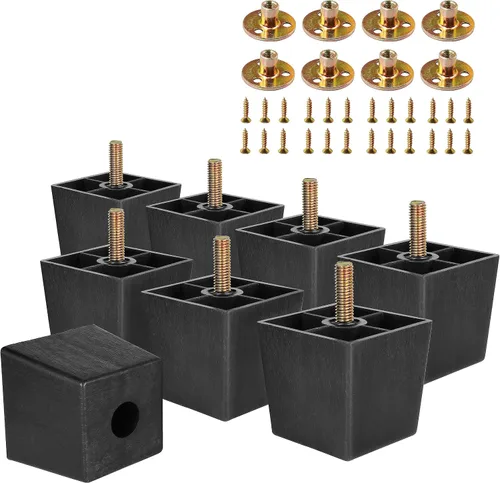 Vista 9 de Pernos de rosca métrica M8-1.25, patas de plástico para muebles, patas de sofá cuadradas negras de 2 pulgadas con tuercas de placa, repuesto