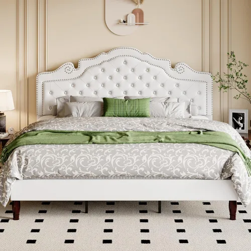 Vista 10 de Allewie Base de cama tamaño completo con cabecero de tiara de terciopelo ajustable, cama plataforma tapizada con botones de diamante capitoné Negro