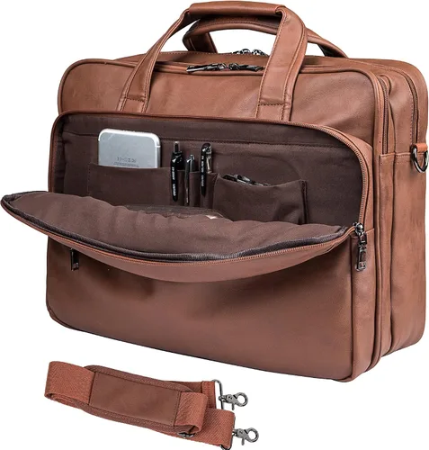 Vista 8 de seyfocnia Bolsa de cuero para laptop, para hombre, 15.6 pulgadas, 17.3 pulgadas, maletín de mensajero, bolsa de negocios, bolso de computadora