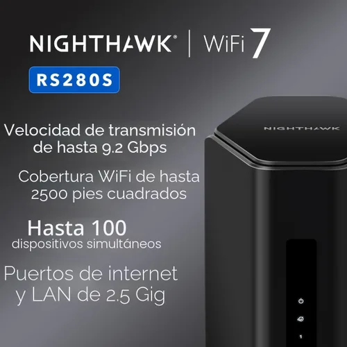 Vista 2 de [Usado] NETGEAR Router WiFi 7 de tres bandas Nighthawk (RS280S): solo enrutador, velocidad inalámbrica BE9200 (hasta 9.2 Gbps) - Cubre hasta 2,500
