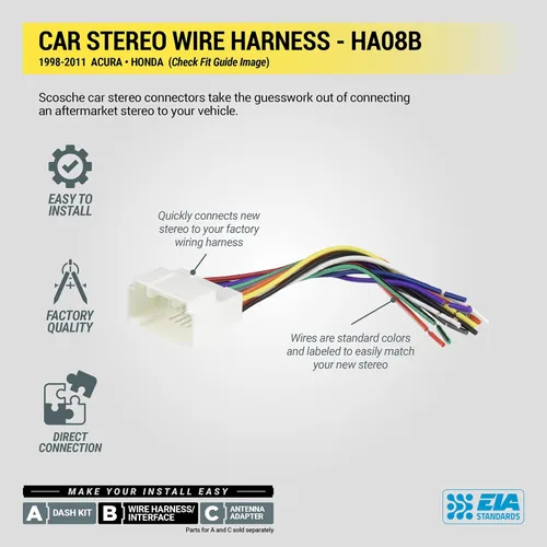 Vista 4 de Scosche HA08B Arnés de cableado de radio para Acura y Honda 1998-11 seleccionados 1998-11 - Arnés de cables de radio para estéreo de automóvil