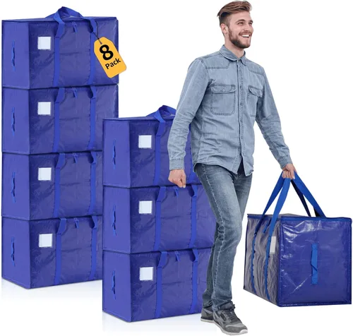 Vista 33 de Bolsas de mudanza resistentes extra grandes, cajas de mudanza, suministros de mudanza esenciales, contenedores de almacenamiento azules con tapas