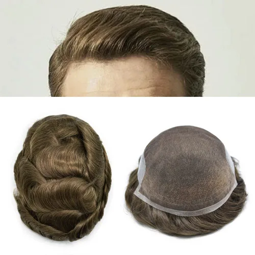 Vista 43 de Tupé de encaje suizo para hombres, piezas de cabello humano real, encaje frontal, sistema de reemplazo de cabello tipo tupé, nudo blanqueado, línea
