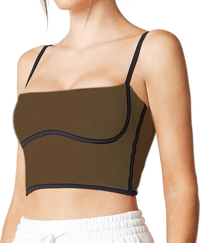 Vista 3 de Move With You Sujetador deportivo sin mangas con tirantes delgados, acolchado, cuello cuadrado, doble capa, entrenamiento, fitness, básico, crop tops