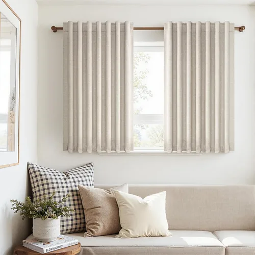 Vista 65 de Topfinel Cortinas opacas, blanco beige, 2 paneles, ventanas pequeñas, textura, mezcla de lino, bohemia, abedul, rural, gancho, bolsillo trasero