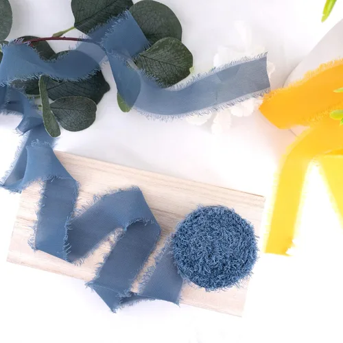 Vista 9 de Cintas de gasa de seda de 1.2 pulgadas x 11 yardas, cintas verdes hechas a mano con flecos para invitaciones de boda, envoltura de regalos, ramos