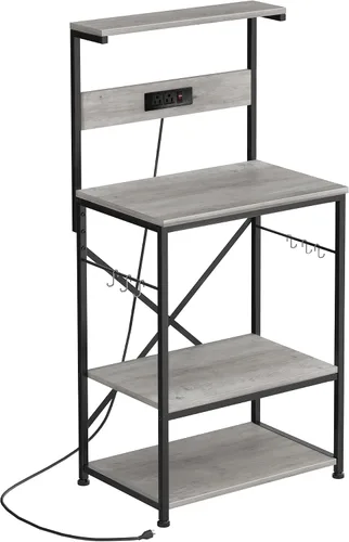 Vista 8 de Shintenchi Estante de panadero con toma de corriente, gran espacio de almacenamiento, 10 ganchos, barra de café con panel de alambre metálico