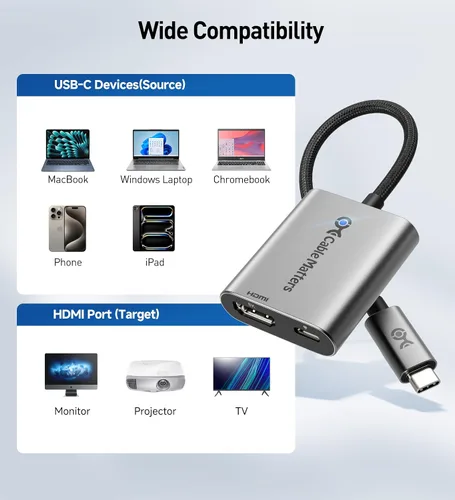 Vista 7 de Cable Matters Adaptador USB C a HDMI 2.1 de 48 Gbps con carga de 140 W 8K @60Hz / 4K @240Hz HDR, para macOS y Windows, sin VRR, adaptador