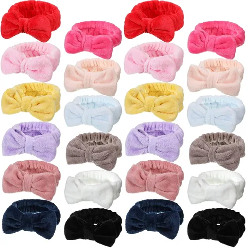 Vista 7 de Jexine 24 piezas de diademas faciales de spa para maquillaje, paquete de diademas para el cabello con lazo, diadema de pelo esponjosa y de felpa