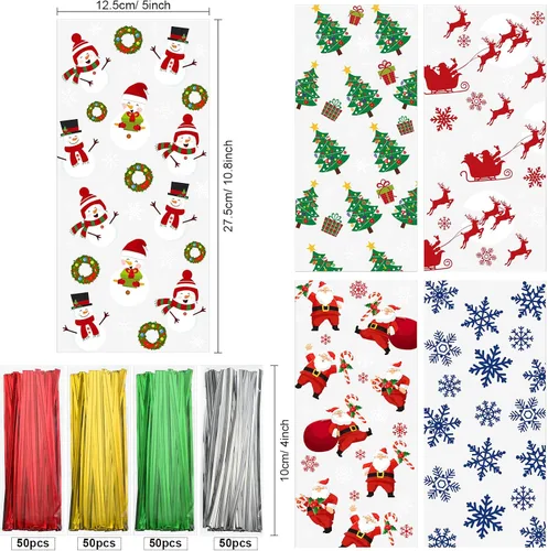 Vista 2 de Outus 200 bolsas de celofán para regalos de Navidad, bolsas de celofán de Navidad de plástico con lazos para dulces, galletas, golosinas, envoltorio