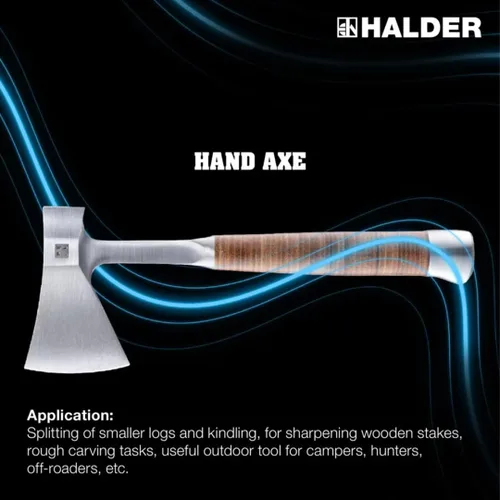 Vista 2 de Halder Hacha de mano 35.27 oz – Hacha de metal forjado con mango de cuero y bolsa para cinturón, hoja de acero tratada térmicamente afilada, incluye