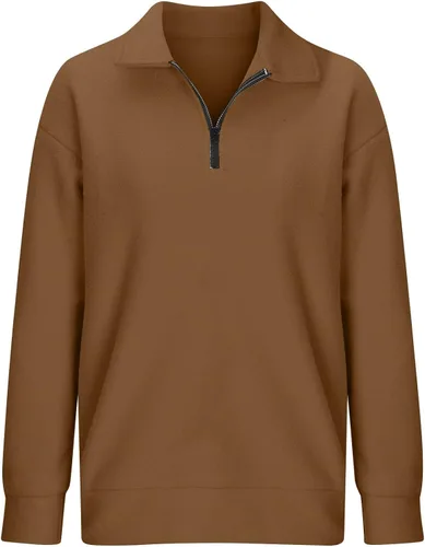 Vista 4 de Sudadera de gran tamaño para mujer, suéter de manga larga, liso, con cierre de un cuarto de cremallera, para adolescentes, niñas, Navidad, otoño