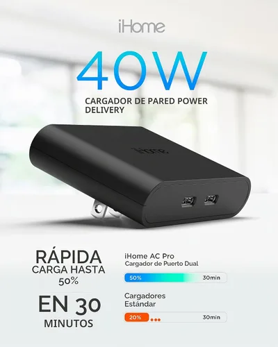 Vista 3 de iHome Cargador USB-C multipuerto de 40 W, bloque plano de 2 puertos AC Pro, adaptador de pared de carga rápida dual