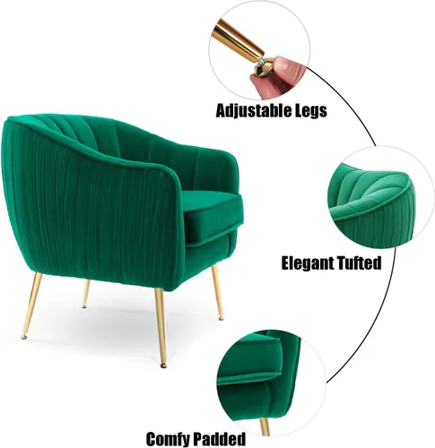 Vista 4 de Silla decorativa de terciopelo, moderna silla con brazo de barril con patas de metal con acabado dorado para sala de estar y dormitorio, color verde