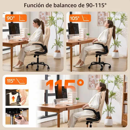 Vista 4 de Ylzyxal Silla de escritorio de oficina, silla ergonómica para computadora con brazos abatibles acolchados y soporte lumbar ajustable, silla Beige