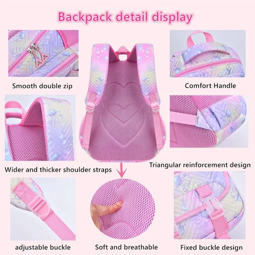 Vista 5 de Mfikaryi Mochila para niñas, 3 piezas con lonchera, mochila para niñas, Rosa claro, Moda