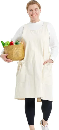 Vista 30 de Delantales grandes de talla grande para mujer con bolsillos de algodón y lino para hornear cocina