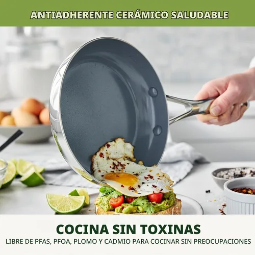 Vista 2 de GreenPan Valencia Pro Sartén de Acero Inoxidable de 8", Sartén Apta para Inducción con Tri-Capa Espejada, Cerámica Antiadherente Sin PFAS, Batería