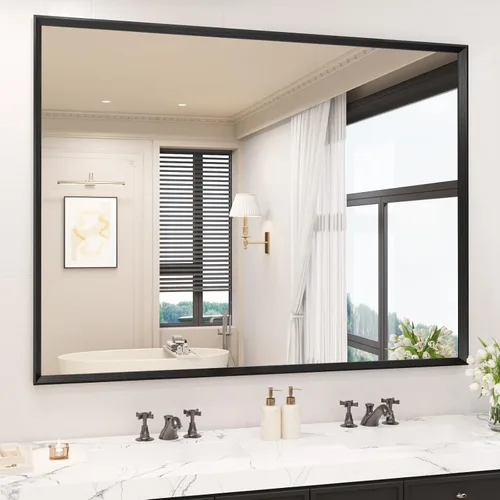 Vista 50 de JISOSO - Espejo de baño negro de 20x30 pulgadas con marco de metal negro, espejo de tocador rectangular redondeado con acabado mate para pared
