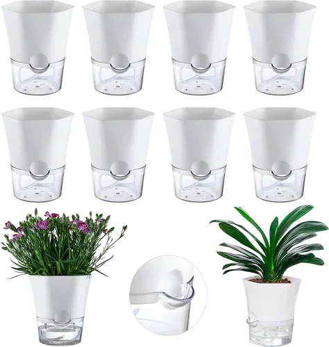 Vista 16 de Paquete de 3 macetas transparentes de riego automático de 7.8 pulgadas para plantas de interior, macetas hexagonales grandes con riego automático