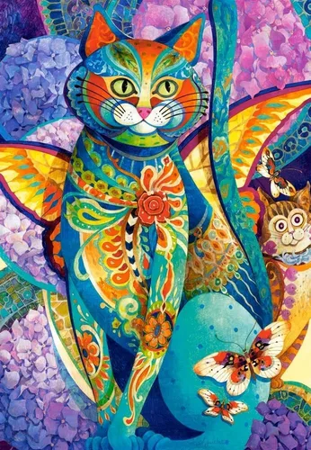 Vista 2 de CASTORLAND Rompecabezas de 1500 piezas, fiesta felina, arte, pintura de gato colorido, flores de hortensias, rompecabezas para adultos, Castorland