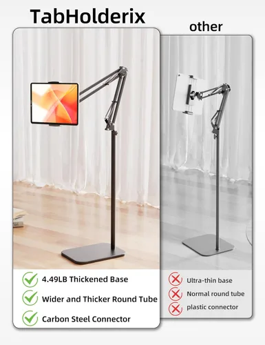 Vista 2 de Soporte de piso para tableta con base de metal pesado de 4.5 libras, soporte de teléfono elevado sobre la cama con ángulo y altura ajustables
