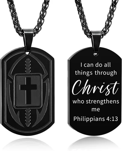 Vista 17 de Collar de cruz de versículo bíblico de fútbol para hombres, regalo religioso de acero inoxidable, joyería deportiva de fútbol, regalos de Pascua