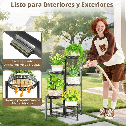 Vista 2 de LASZOLA Soporte alto plegable para plantas de 5 niveles para interiores y exteriores, para macetas grandes, estante ajustable de metal resistente