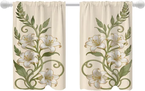 Vista 36 de Shrahala Art Nouveau Floral Pattern Blackout Curtain Tiers, Delicate Vine and Flower Design Kitchen Valance Light Blocking Tier Drapes with Rod